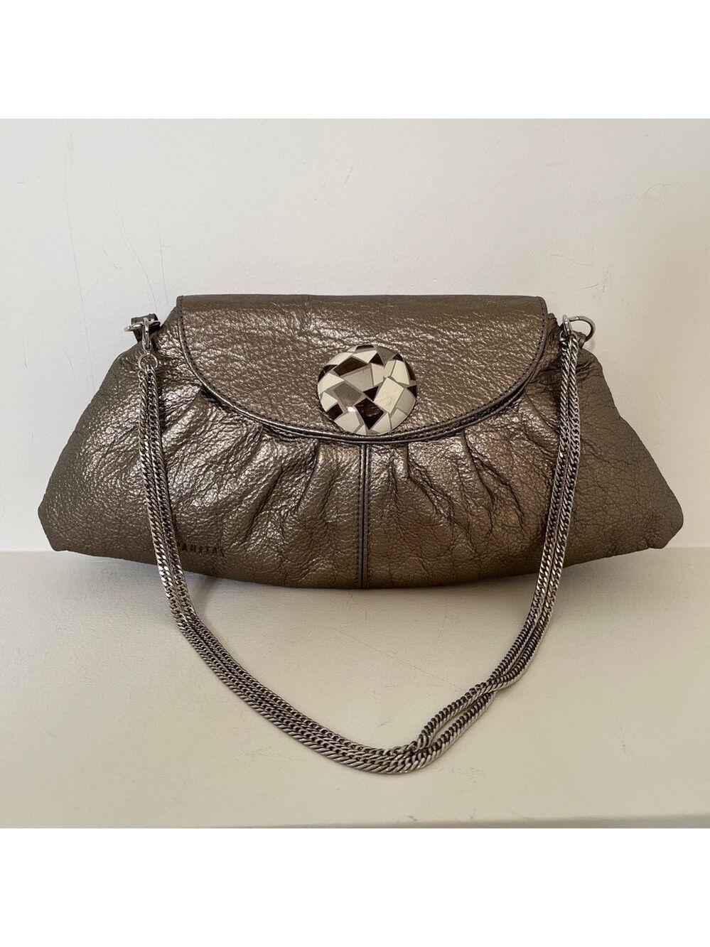 HISPANITAS Metallic Leather Small Shoulder Bag Chain Strap Made Spain Occasion